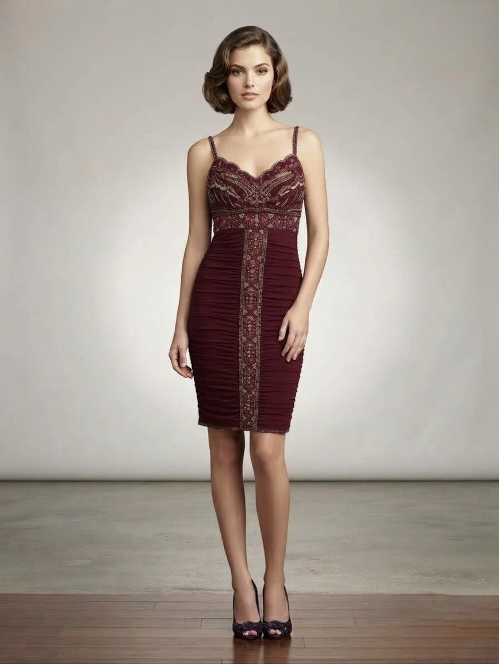 NEW Sue Wong Maroon Beaded Lace Sheath Dress Size 4/6
